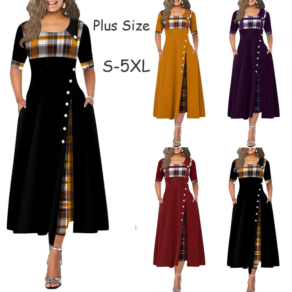 (S-5XL) Women Plus Size O Neck Half Sleeve Stitching Plaid Irregular Hem Buttons Decor Maxi Dress
