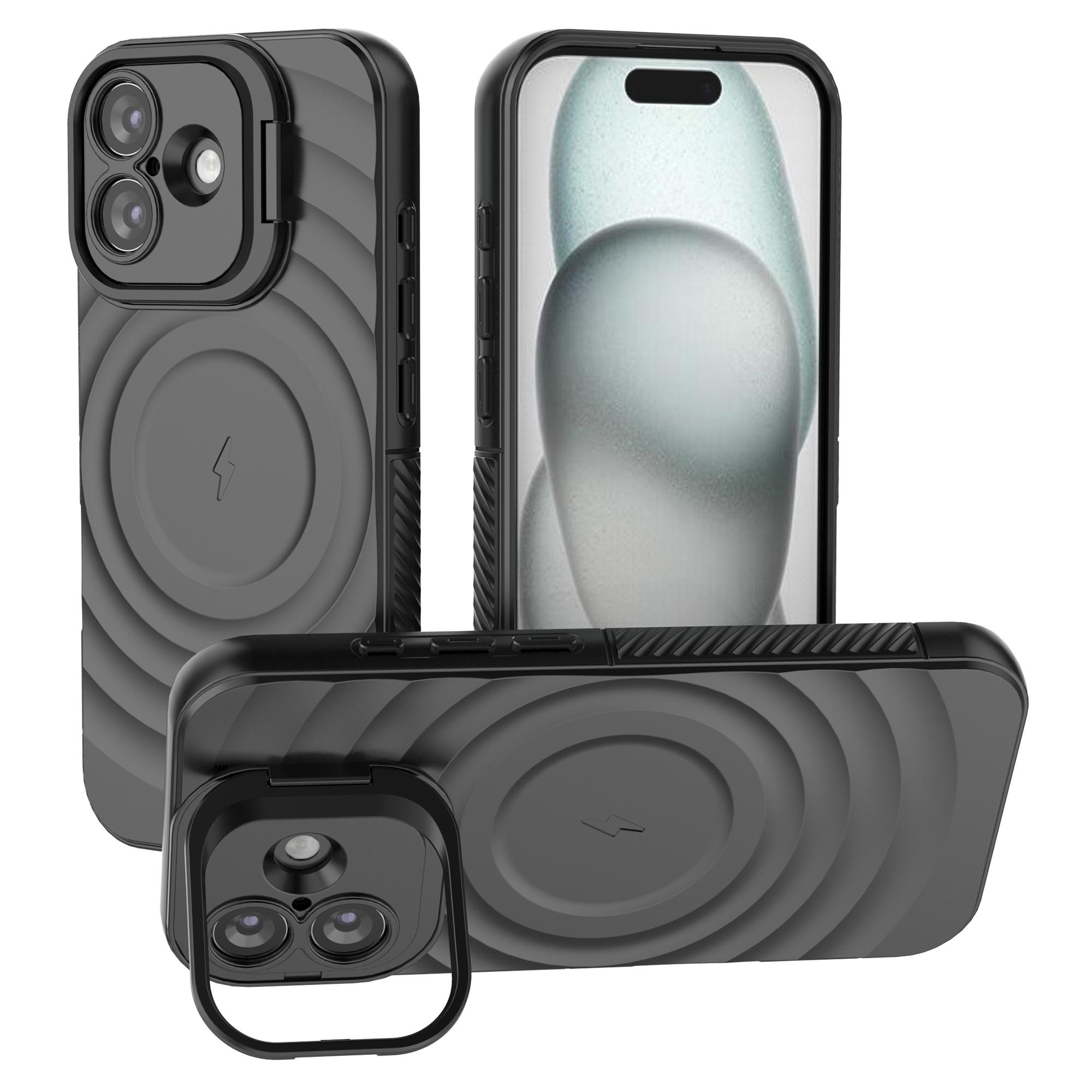 

For iPhone 17 Case Compatible with MagSafe PC Kickstand Ripple Texture TPU Phone Cover Black