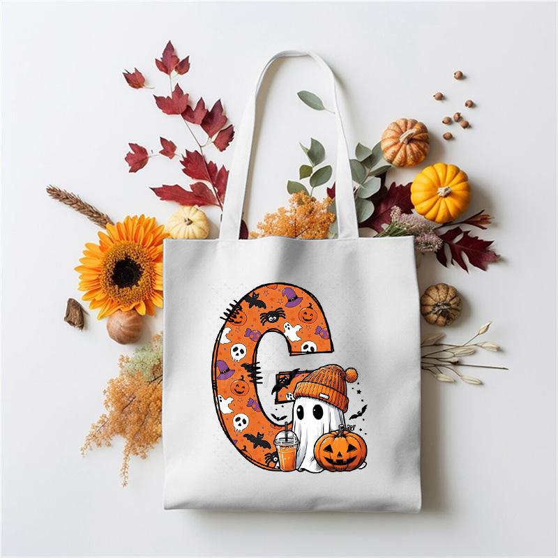 Halloween 26 Letter Cartoon Print Peripheral Student Tote Bag Large Capacity Canvas Bag