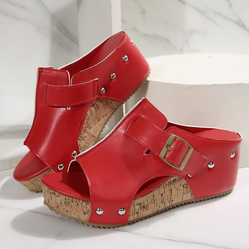 Wedge heel foot cool slippers women's summer new European and American large size fish mouth square buckle rivet slippers