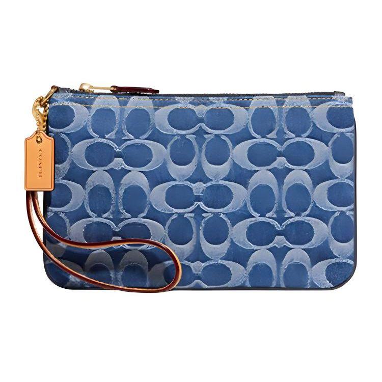 Coach Corner Zip Wristlet 19 Classic Logo Print Zipper Fabric Clutch Women Wristlet Denim-Blue CA538-B4UDF Basic Set (Bag+Dust Bag)