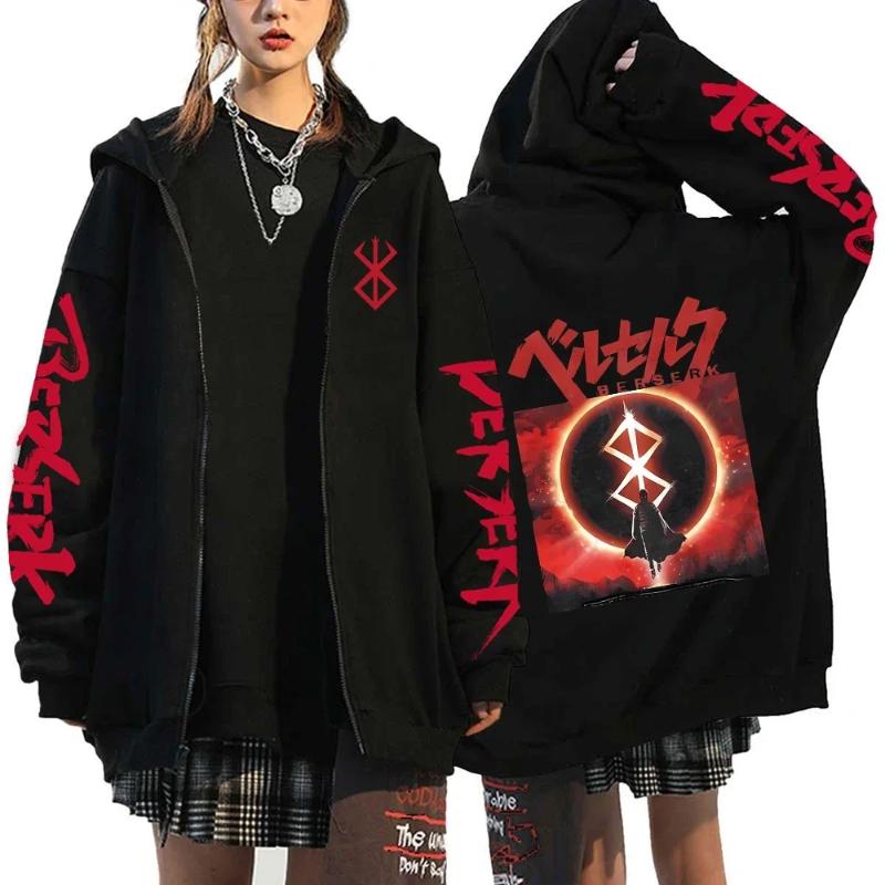 Anime Furious Guts Manga Pattern Print Zipper Hooded Fall Winter Men Women Casual Long Sleeve Sweatshirt Streetwear