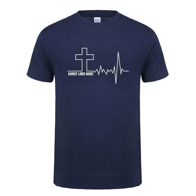 Christ Lives Here Cross Heartbeat Christian Jesus Faith Inspirational T Shirt TShirt For Men Male Short Sleeve Cotton Tshirt