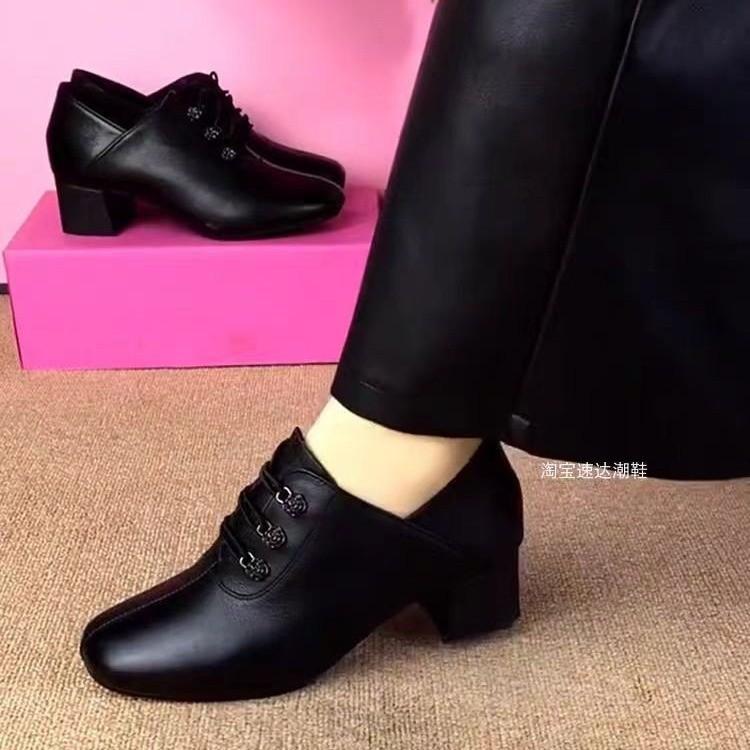 2025 spring new soft leather mid-heel autumn versatile British small leather shoes deep mouth spring and autumn women's shoes thick heel single shoe