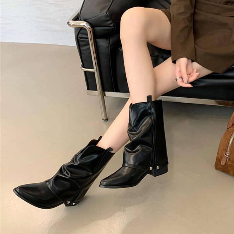 Thick Heel Pointed Pants Boots Fried Street Short Boots Women's Shoes Spring and Autumn New Summer Brown Western Cowboy Boots