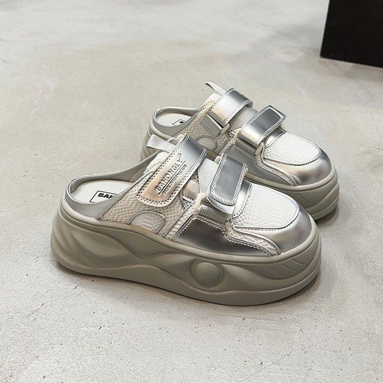 thick-soled silver half-slippers women's 2025 new Velcro thick-soled summer outer wear lazy casual one-pedal bag head drag