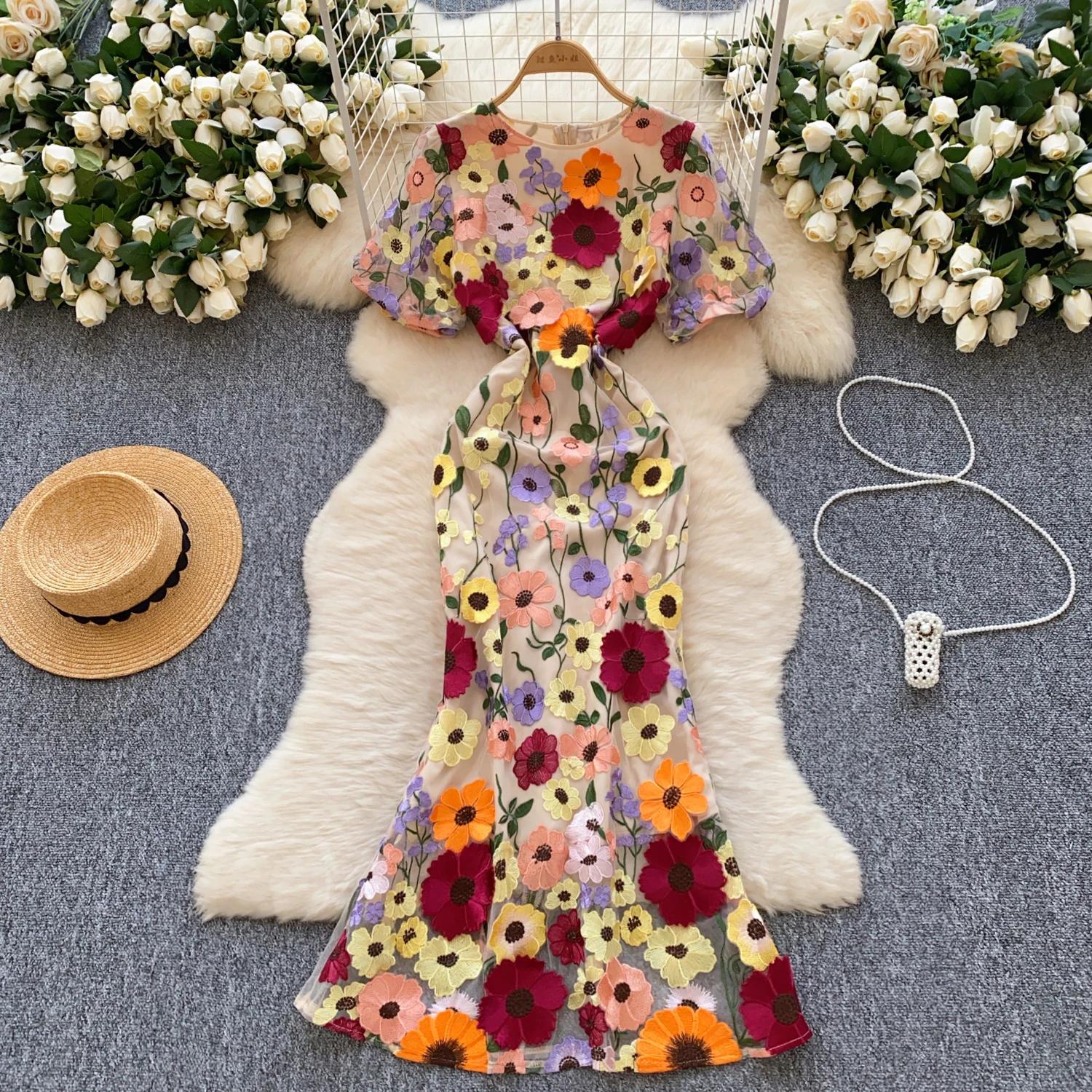 

Элегантное цветочное вышитое О-образное платье в стиле винтаж с коротким рукавом и фонариком, шикарное облегающее платье-русалка, французская вечерняя женская одежда для улицы 3XL абрикосовый