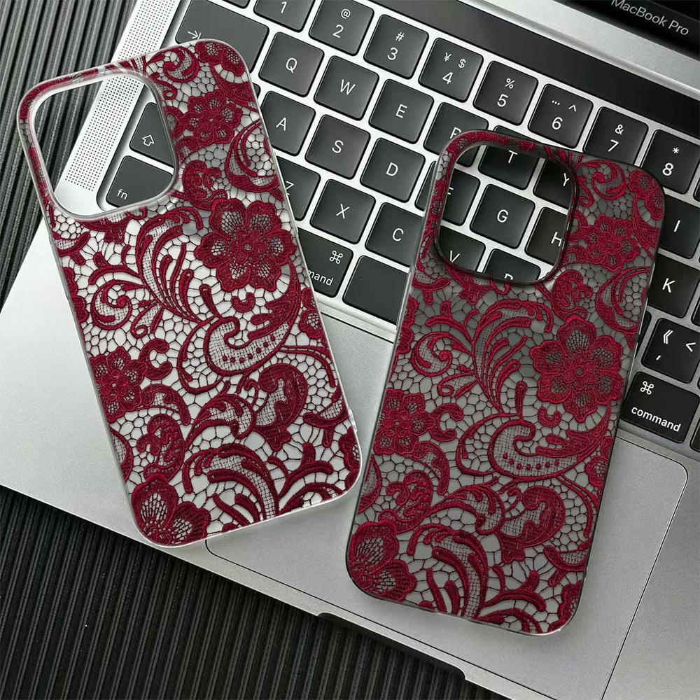 Burgundy Lace Phone Case for iPhone 17/16/15/14 Plus/13/12/11 Pro Max Clear TPU Cover Elegant Floral Pattern Protective Cover