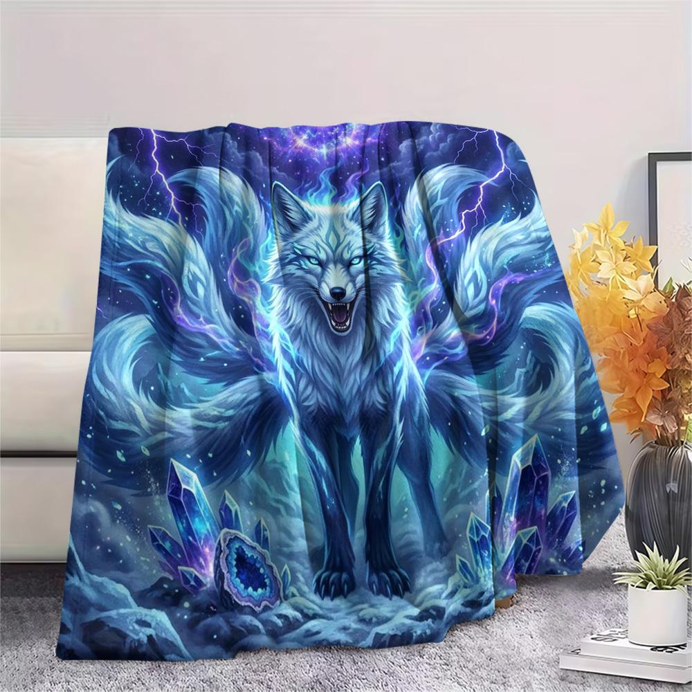 1Pc Nine-tailed Fox Print Flannel Blanket, High Quality Comfortable for All Seasons, Home Decor, Warmth and Comfort, Perfect for Christmas Gifts