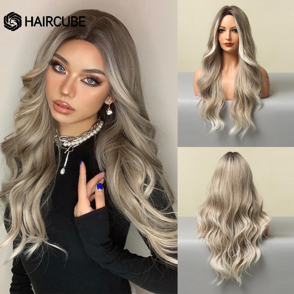HAIRCUBE White Platinum Mixed Brown Synthetic Wigs Long Wavy Natural Hair Wigs for Women Middle Part Daily Heat Resistant Wigs