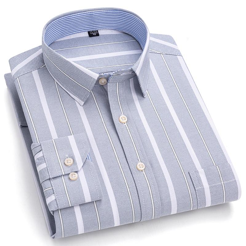 Men's Social Shirts Long Sleeve 100%Pure Cotton Oxford Buttoned Plaid Formal Male Casual Clothes Oversized Shirt 6XL 7XL