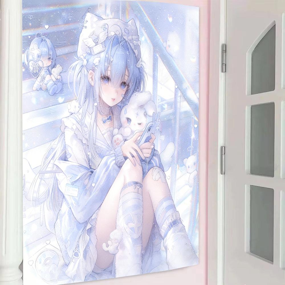 Cute Pastel Blue Anime Girl Tapestry Ins Style Wall Hanging Kawaii Rabbit Room Aesthetic Background Cloth 74x94cm(29x37in)