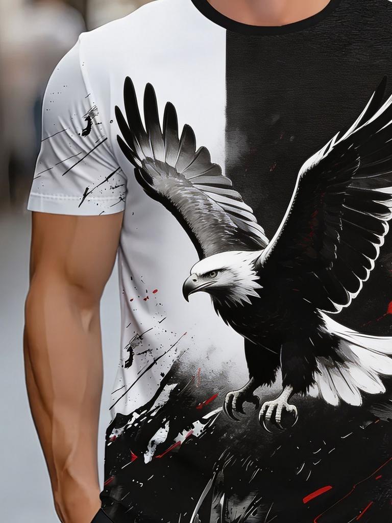 [Print Design - Not Textured /2D Printing] Ink Style Soaring Eagle Print Short Sleeve T-Shirt Men'S Black And White Splatter Bold Animal Casual Plus