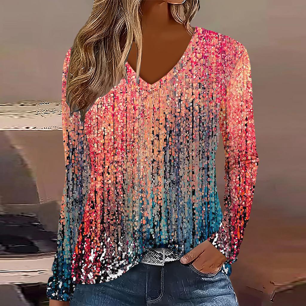 Mode Blumenstreifenmuster 3D-Druck Damen V-Ausschnitt Langarm T-Shirt Herbst Lässig Atmungsaktiv Damenbekleidung Bekleidung Oberteile
