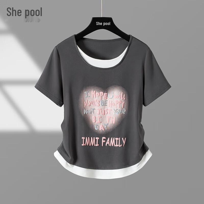 Her Pool 2026 S/S Women s Faux Two-Piece Letter Print T-Shirt L