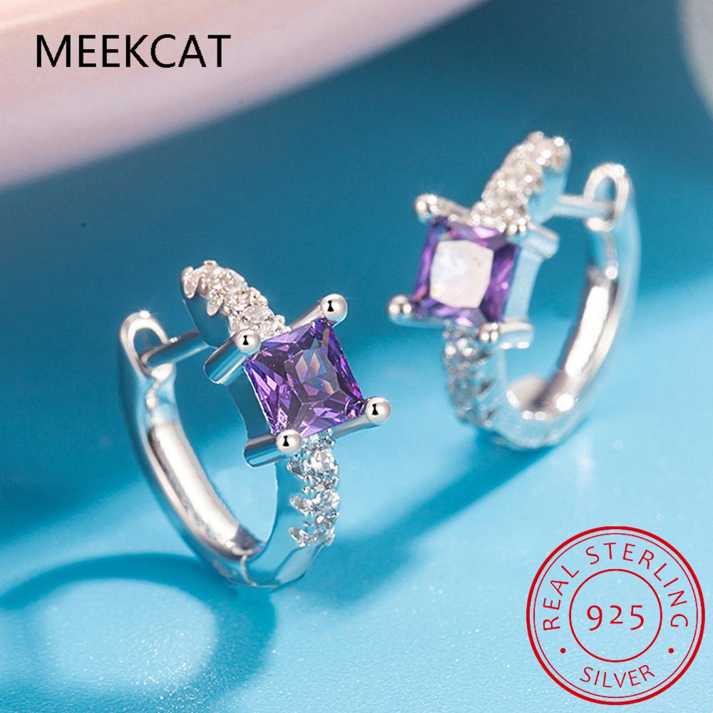 Square Natural Purple Amethyst 925 Sterling Silver Geometric Hoop Earring for Women Princess Cut Gemstone Jewelry Wedding Gift серебряный