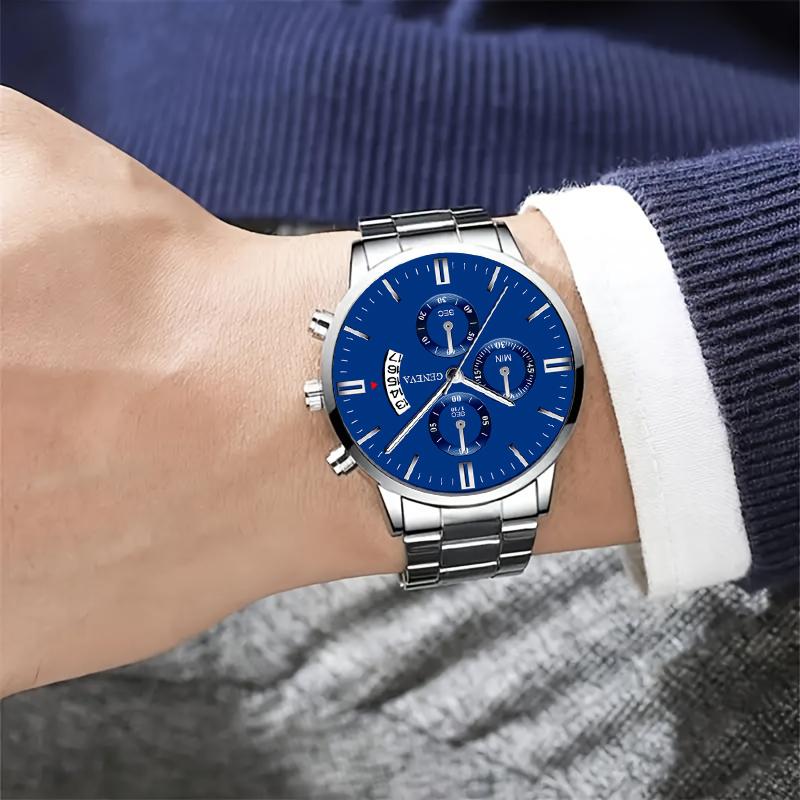 2pcs/Set FashionabAAle Men Bracelet Calendar Watch Business Casual Stainless Steel Quartz Watch As A Gift for Students Returning To School
