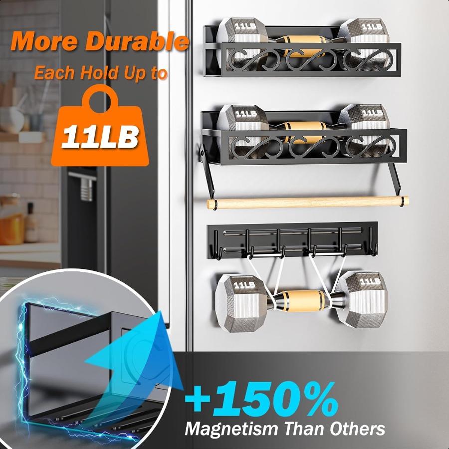 Spice Racks Magnetic for Refrigerator Magnetic Spice Shelves with Paper Holder Moveable 6 Hook Rack Magnetic Fridge Organizer S