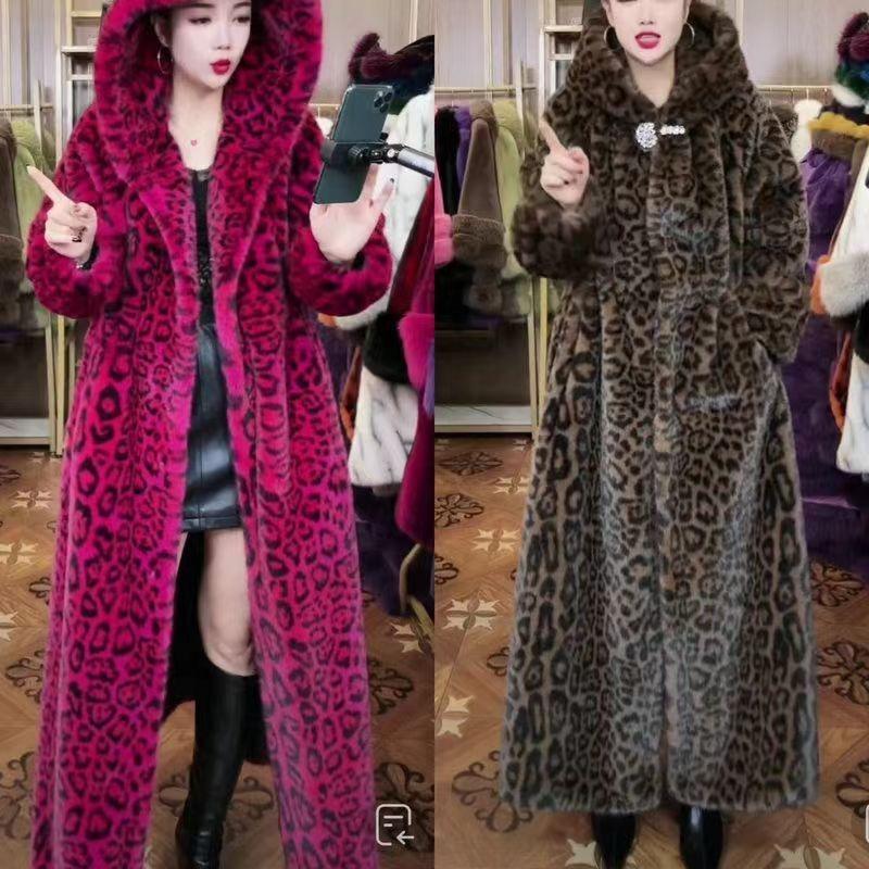 Temperament Women's Imitation Fur Leopard Print Coat Winter Furry Coat Large Size Imitation Cross Mink Coat Tide