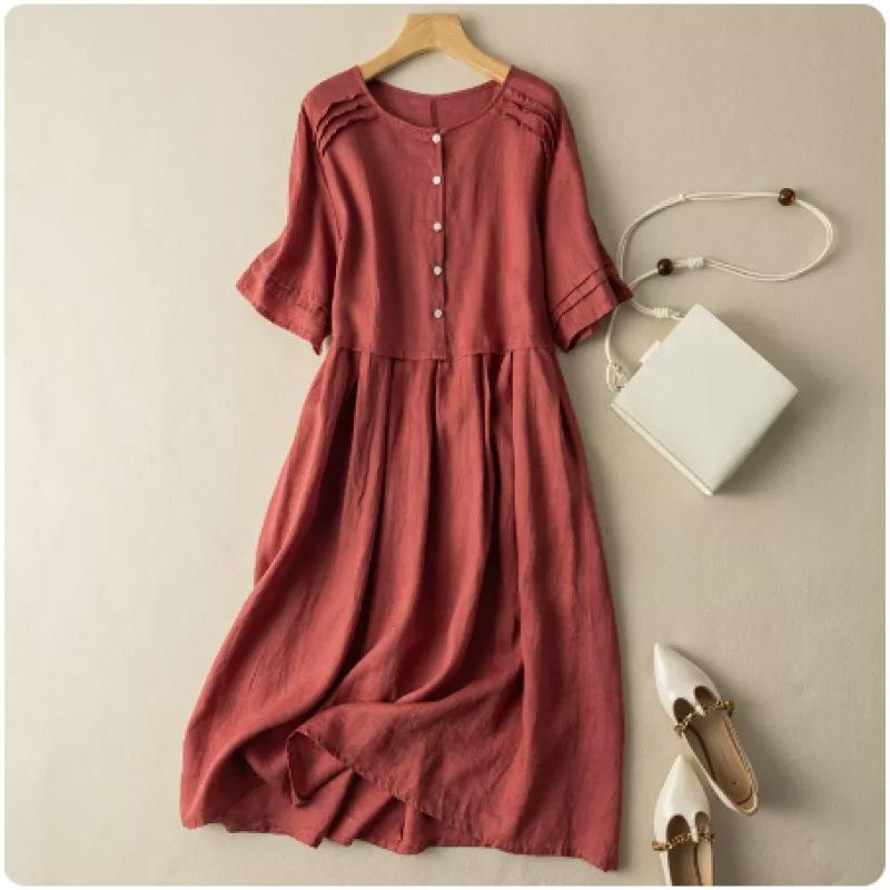 Short Sleeved Dress, Women's Cotton and Linen Shirt, Mid To Long Length, Summer New Style, Temperament