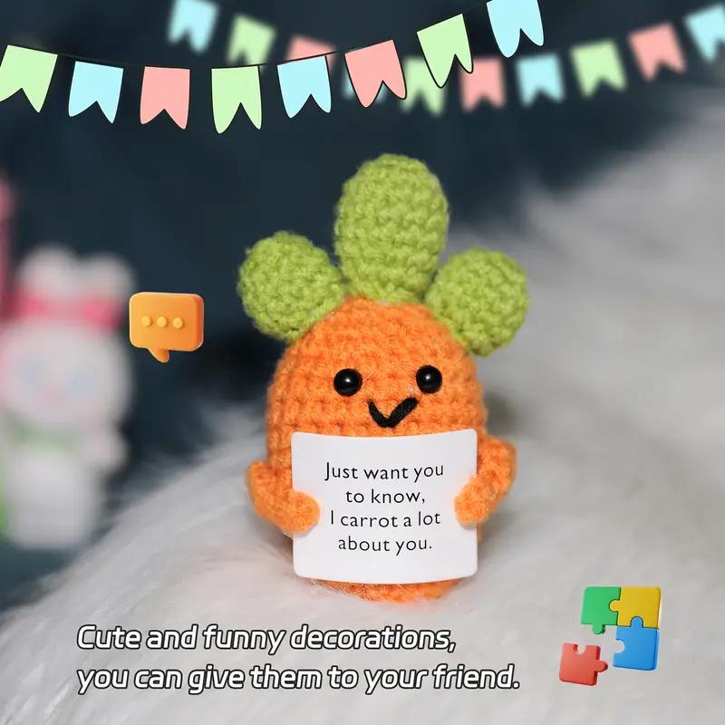 Handmade Crochet Smiling Carrot Plush Doll with Positive Message Sign - Fabric Collectible Figure for Party Decor Charming