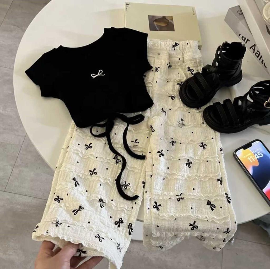 Girls Summer Blouse Sets Bow Tops Baby Short Sleeve T-Shirt + Pants 2 Piece Suits Sweet Casual Kids