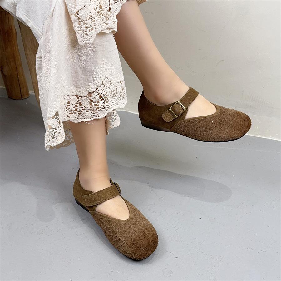 Johnature Retro Yumuşak İnek Derisi Tokalı Sığ Babetler Çok Yönlü Yuvarlak Burunlu Yumuşak Tabanlı Kadın Ayakkabıları