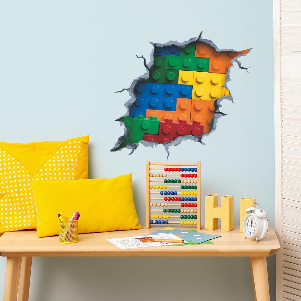 Self-adhesive 3D Wall Stickers Colorful Building Blocks Breaking Through Wall for Kids Room Playroom Home Decor