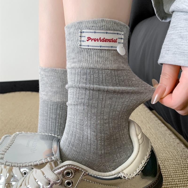Gray Cloth Label Shell Socks Medium Tube Socks Spring And Autumn Pure Cotton Summer Boneless Pile Socks With Birkenstocks