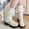 Elegant Ribbed Knit Stretch Leg Warmers Boot Cuffs Ruffled Lace Trim Bowknot Leg Cover Over Calf Long Socks for Women