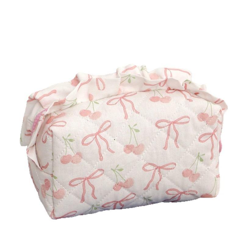 New Pink Bow Cherry Print Makeup Bag for Women Large Capacity Quilted Cosmetic Organizer Travel Toiletry Pouch Portable Wash Bag
