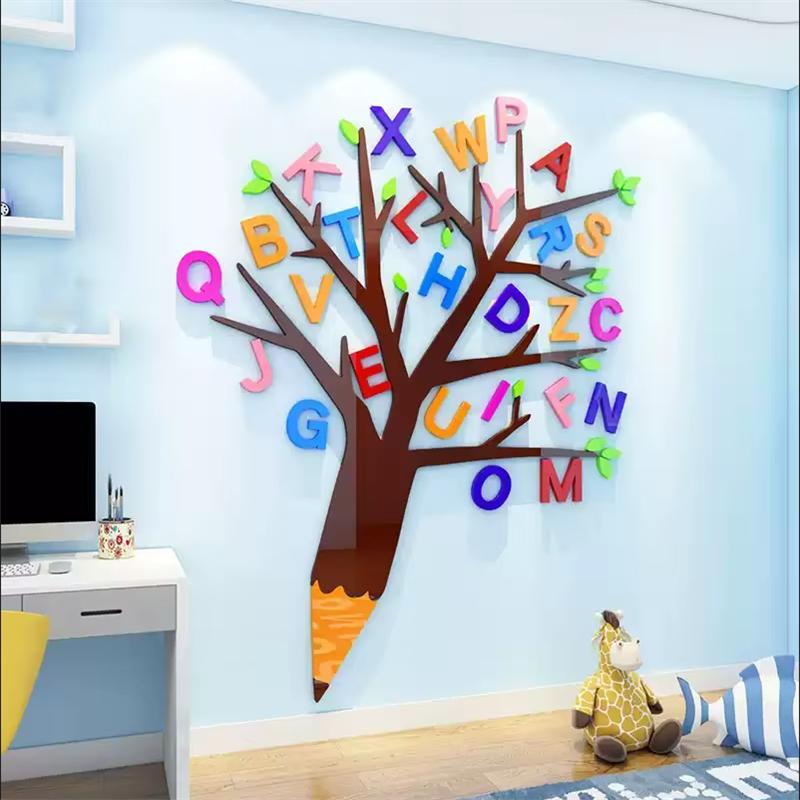 

Cartoon Pencil Tree Wall Sticker Acrylic Kindergarten Wall Decals English Letter Wall Sticker Children Bedroom Study Room Decor S about 50x60.5cm