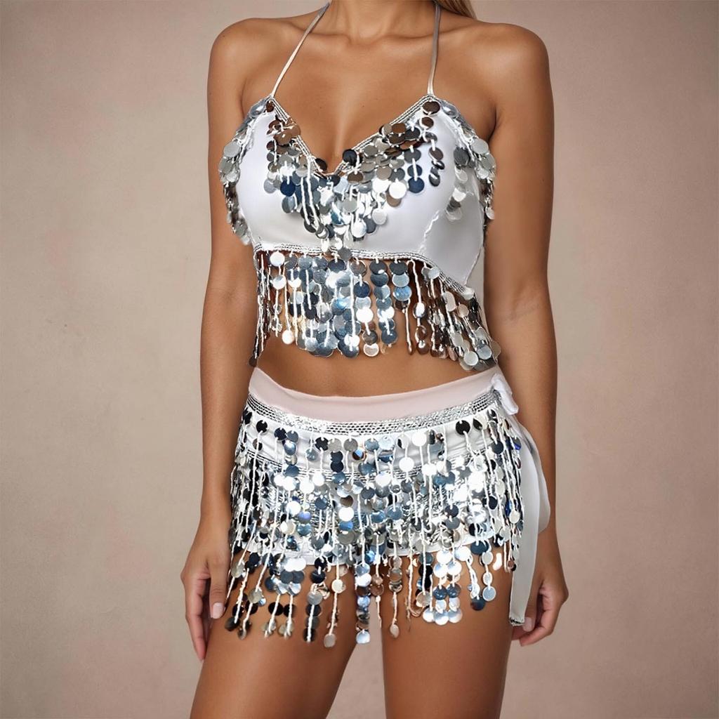 2 Deler, BH med paljettdusker, Topp med frynser, Magedansskjørt, Karneval, Klubb, Kostymer