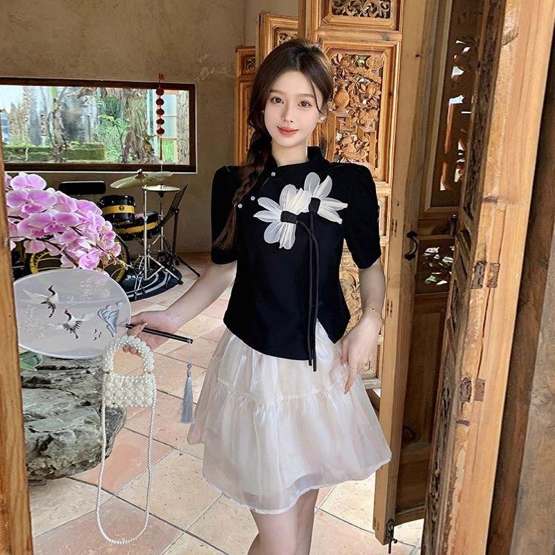 Chinese Style Fashion Women Summer Gentle Frog Button T-shirt with Mesh A-line Skirt Two-piece Set
