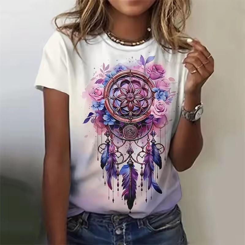 2025 Fashion New Flower Net Pattern Women's T-shirt Exquisite 3D Printed T-shirt Summer Extra Large Short Sleeve Round Neck Top