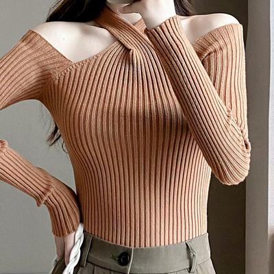 Solid Color Long Sleeve Pullovers Knitted Tops Sexy Off Shoulder Sweater Women Spring Autumn Halter Neck Slim Fit Clothes 28972