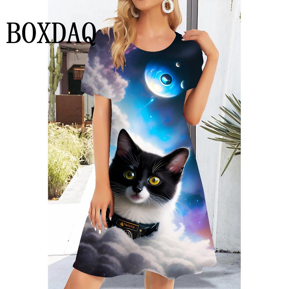 

2026 Summer New Female Dream Cat Funny 3d Printing O-neck Mini Dress Short-sleeved Loose Dress Fashion Casual S