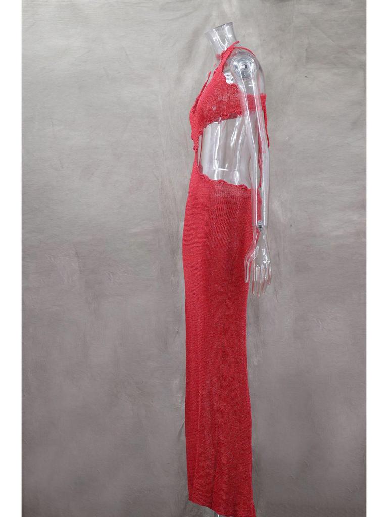 Spring/Summer Deep V Cut-Out Lurex Hand-Crocheted Knit Dress with Lace-Up Slit