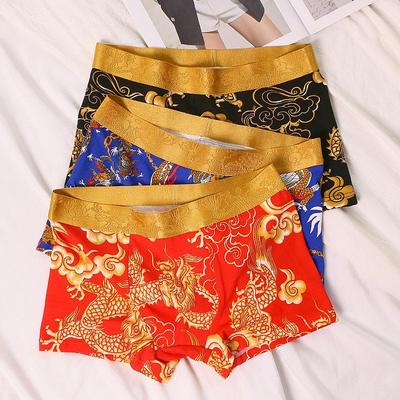 "Dragon Print Men's Red Boxer Briefs - Pure Cotton, Zodiac Design, Plus Size"