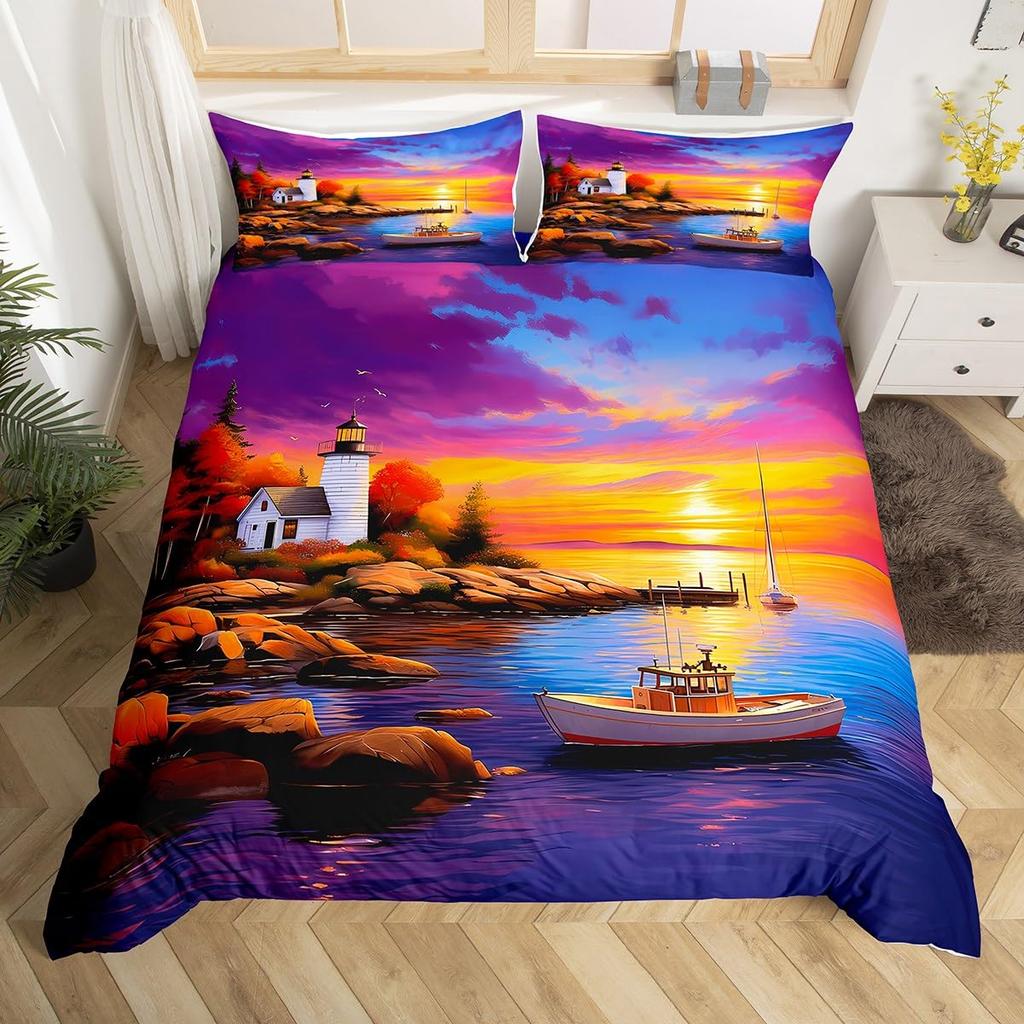 Ocean Beach Duvet Cover Full Lighthouse Comforter Cover Floral Butterfly Bedding Set for Adults Kids Summer Vacation Quilt Cover
