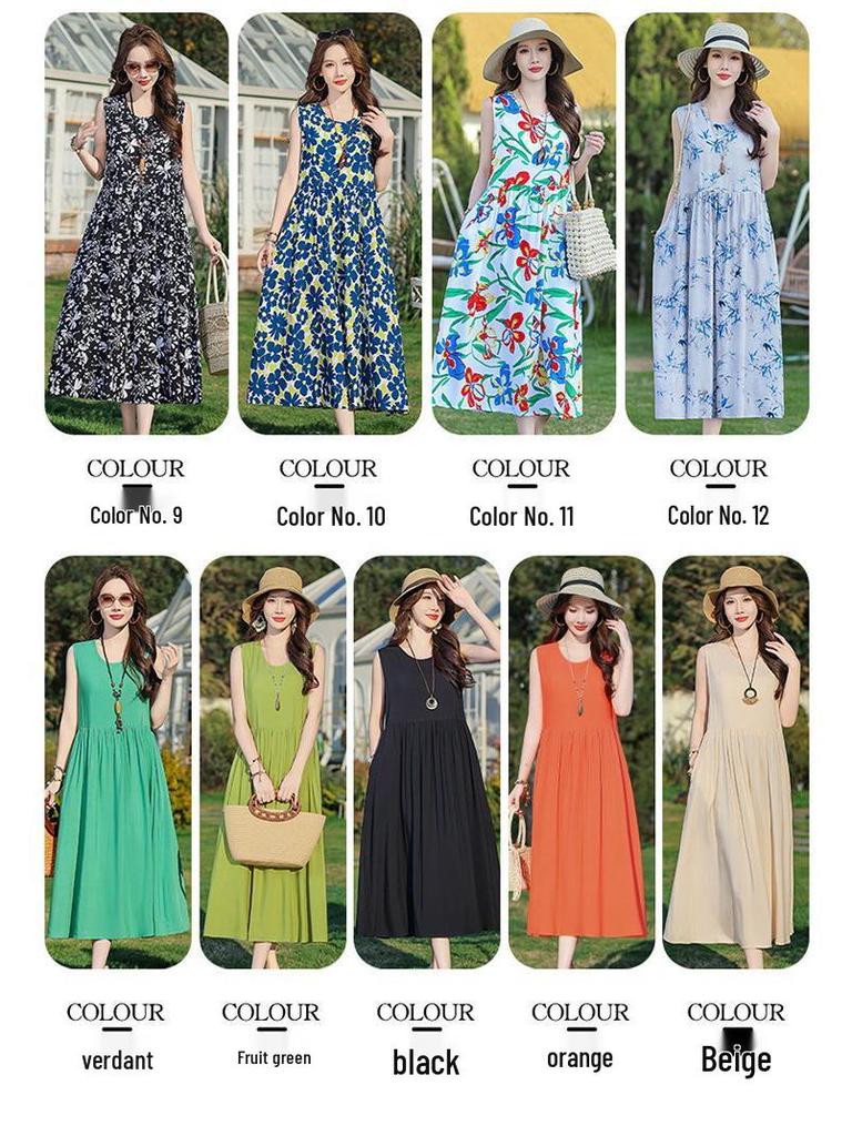 Elegant Plus Size Floral Cotton-Silk Sleeveless Summer Dress
