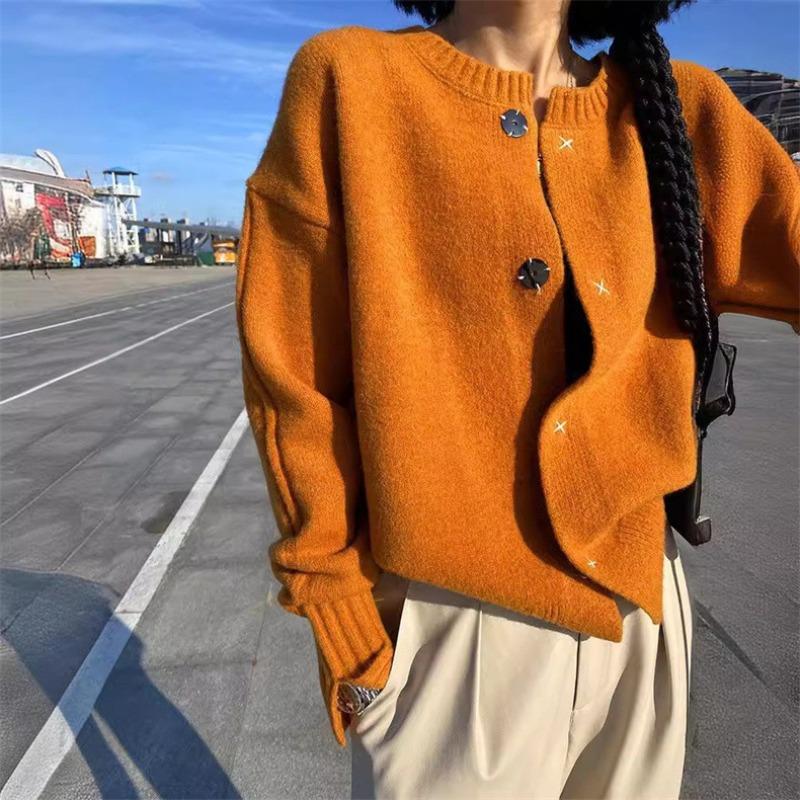 Autumn and winter new knitted cardigan sweater atmosphere pumpkin color lazy wind outside wear crew neck niche top coat women