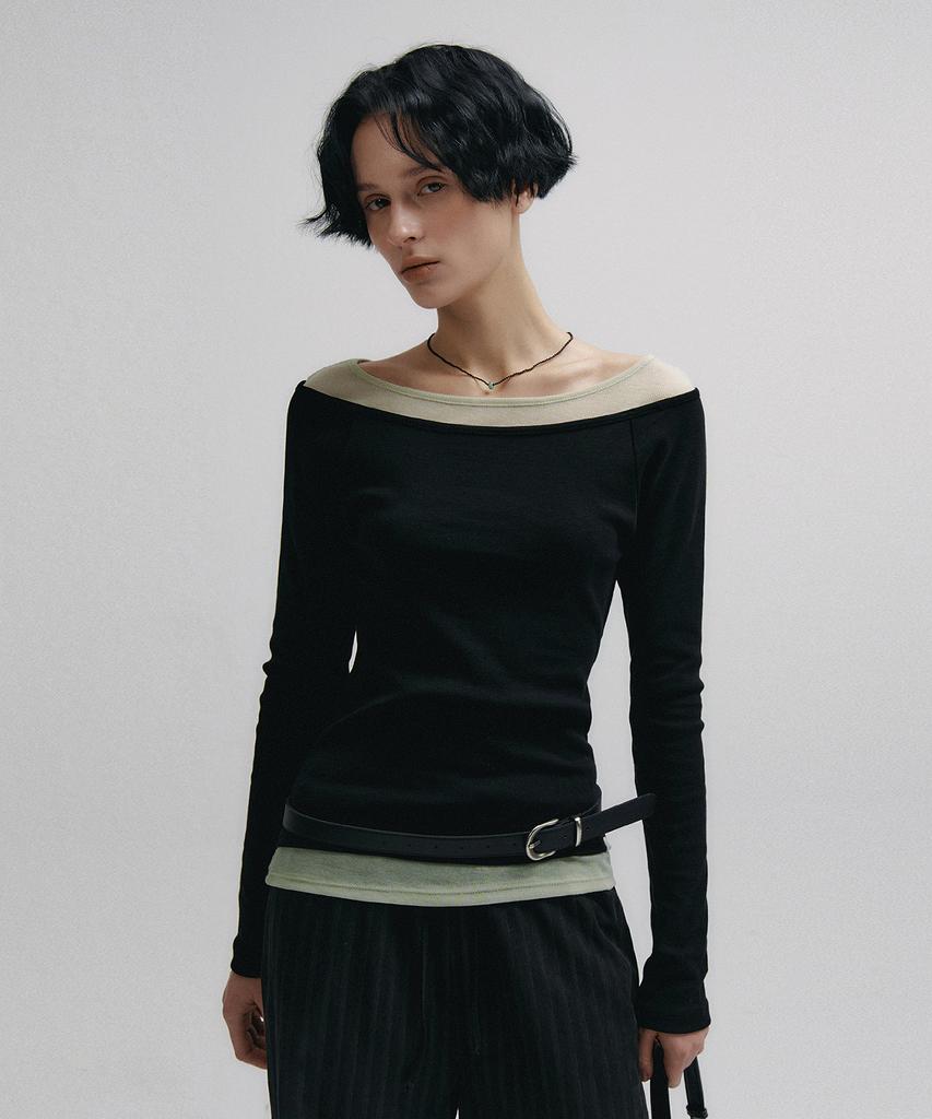 NEEV Boat Neck Layered Slim T-Shirt (Black)
