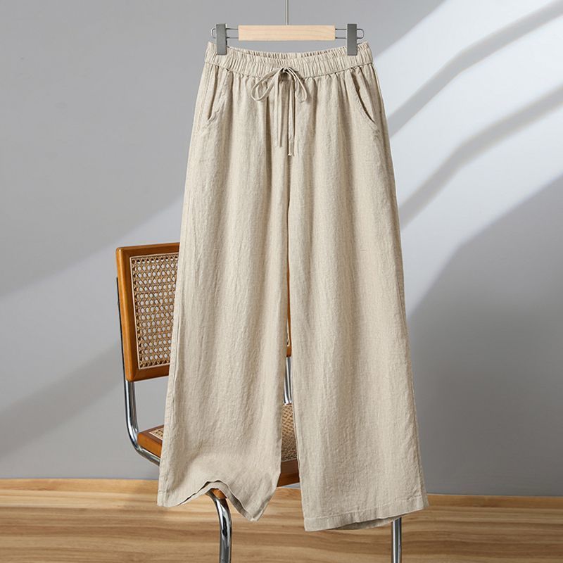

Летние литературные хлопковые льняные повседневные брюки однотонные эластичные талии широкие утягивающие женские широкие брюки больших размеров свободные брюки Nine-Tenths 2XL абрикосовый