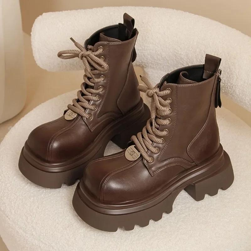 Fashion 2024 New Shoes Female Lace Up Women's Boots Winter Rome Round Toe Solid Short Barrel Platform Chunky Heels Zipper Fashion Boots