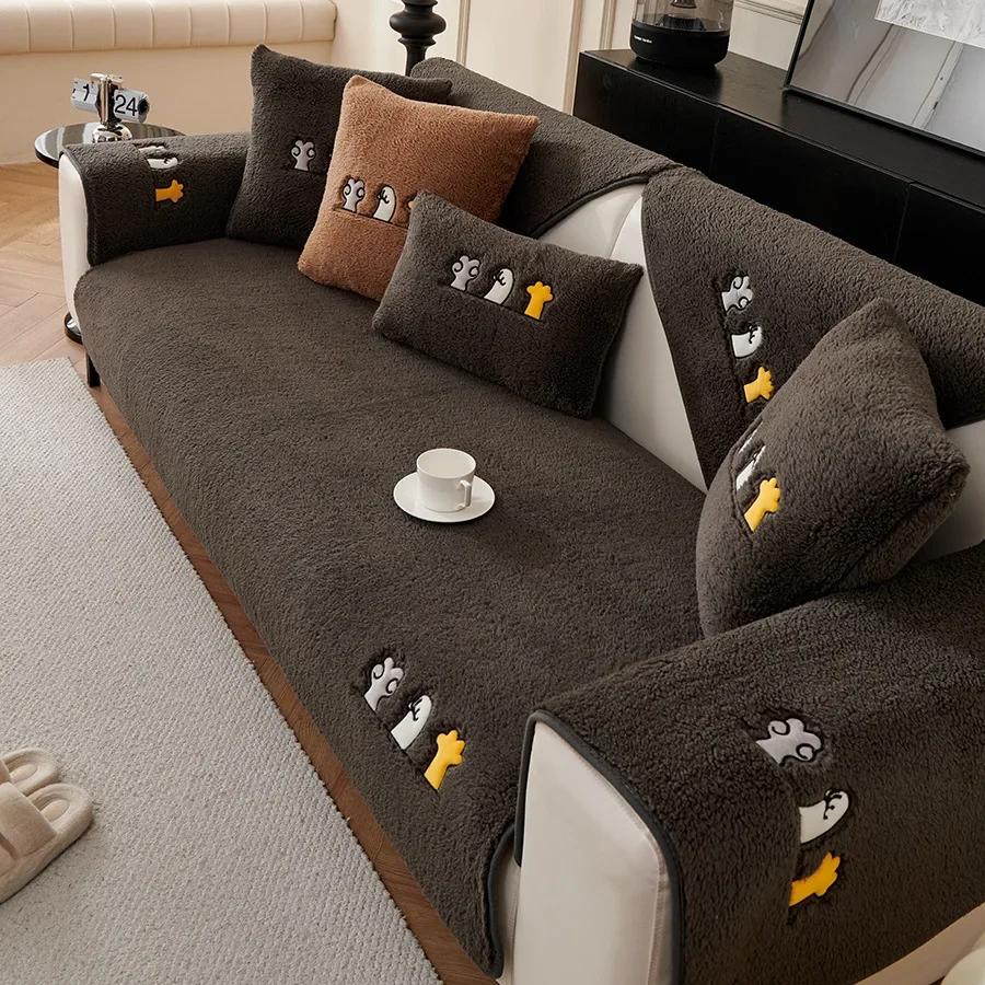 Winter Thicken Sofa Towel Solid Color Lamb Wool Plush Sofa Cushion Corner Soft Slipcovers For Living Room Decor Couch Cover