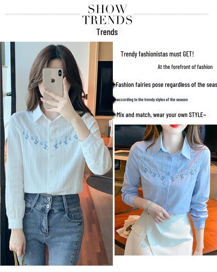 Cămașă de damă cu mâneci lungi, brodată, din bumbac pur - Primăvară & Toamnă 2024 Stil OL Casual Alb