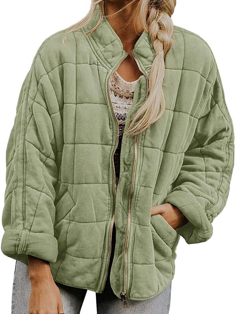 Women's Quilted Zip-Up Jacket with Square Stitch Design, Loose Fit, Multiple Color Options