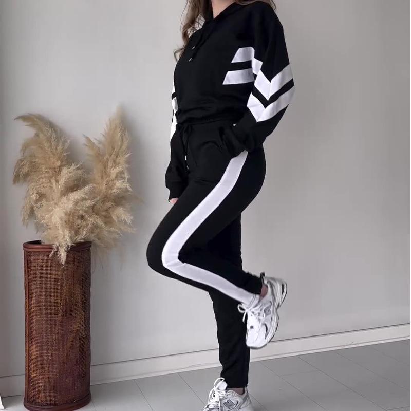 2024 Autumn European & American Striped Print Hooded Sweatshirt and Sweatpants Set for Women