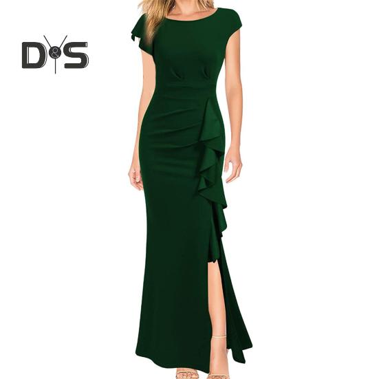 

Женское летнее платье с круглым вырезом и короткими рукавами, платье с высокой талией и боковыми рюшами, декор с разрезом подол, облегающее вечернее платье с запахом бедра 2XL темно-зеленого